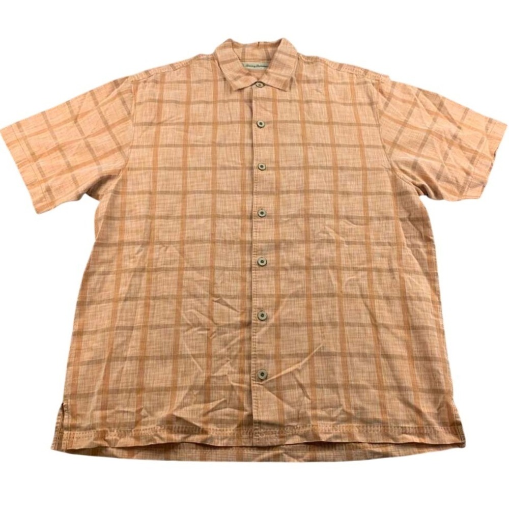 Tommy Bahama Shirt Men L Orange Plaid Tencel Cotton Blend Short Sleeve Button Up